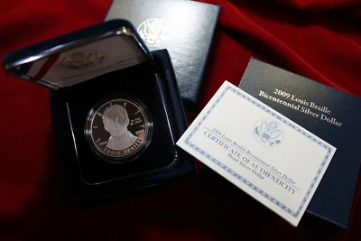 2009 LOUIS BRAILLE BICENTENNIAL SILVER PROOF DOLLAR, MINT PACKAGE & COA,, - Image 1 of 4