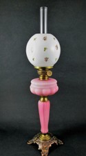 Antique Three-tier Junior Banquet Lamp - Pink Satin Glass Floral Globe Rsii #421