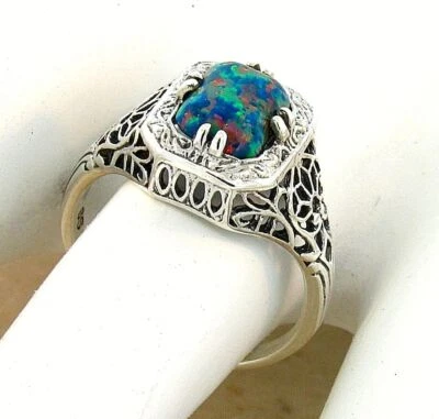 VINTAGE STYLE 925 STERLING SILVER LAB-CREATED BLACK OPAL FILIGREE RING      #686 - Image 1 of 4