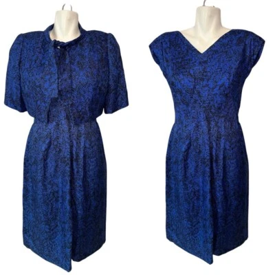 Vtg 50s Hattie Carnegie Blue Black Textured Silk Sheath Dress w/ Shrug Medium - Image 1 of 4