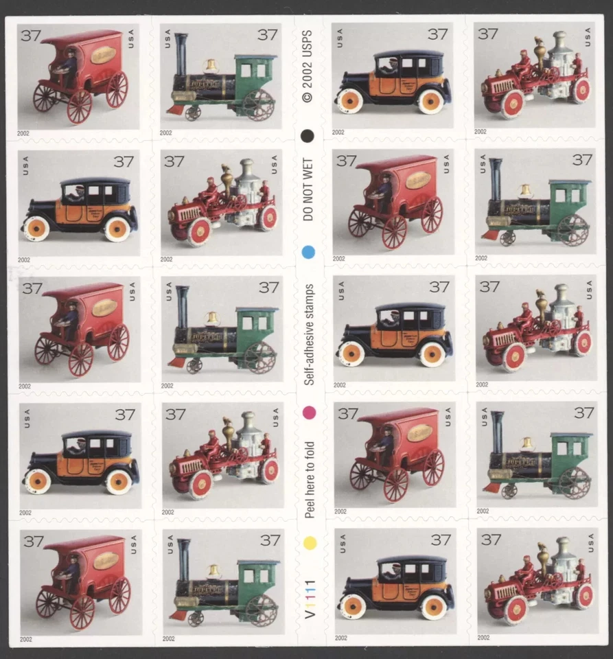 US Antique Toys 37c Stamp Convertible Booklet Pane of 20 Scott #3645e - Image 1 of 1