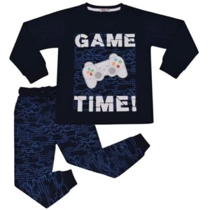 Kids Girls Boys Pyjamas Game Time Contrast Top Bottom 2 Piece PJS Sleepwear Set - Picture 1 of 13