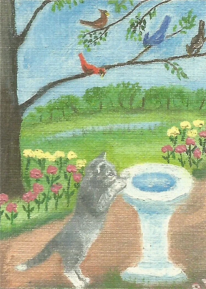 ACEO Print of original oil painting " Yum, Bird Flavor Water" cat birds flowers - Image 1 of 1