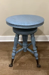 Great Antique Victorian Pale Blue Wooden Piano Stool With Glass Ball & Claw Feet - Picture 1 of 15