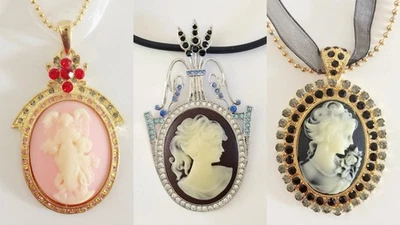 (Conjunto de 3) Colar de corrente de renda de bambu amuleto de cristais pretos estilo vintage camafeu - Imagem 1 de 4