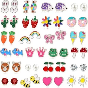 24 Pairs Hypoallergenic Stud Earrings for Girls Kids Cute Stainless Steel Earrin - Picture 1 of 6