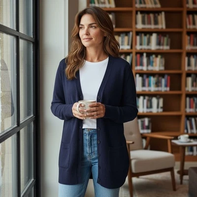 Cárdigan Suéter Isaac Mizrahi CACHEMIRA PEQUEÑO Azul Bolsillos Manga Larga Calce Relajado Foto 1 de 4