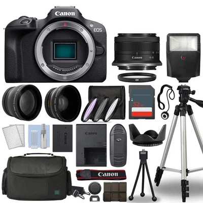 Canon EOS R100 Mirrorless Camera Black + 3 Lens Kit 18-45mm + 32GB+ Flash & More - Image 1 of 4