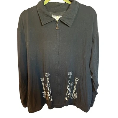Euro Joy Black Embroidered Cat Pullover Jacket Womens Large Long Sleeve - Image 1 of 4