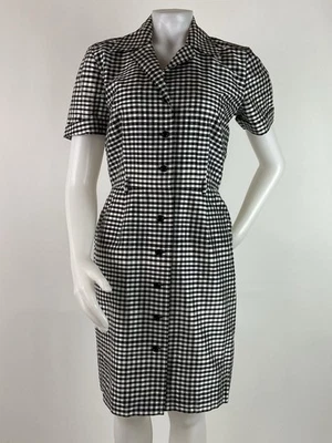 Linda Allard For Ellen Tracy Size 4 Black Gingham Button Front Silk Dress Pocket - Image 1 of 4