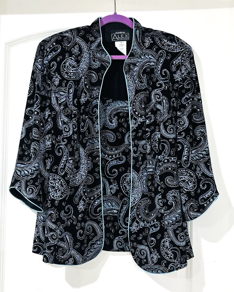 Alex Evenings Chaqueta Mujer 3X 2 Piezas Conjunto Negro Azul Brillo Paisley Brillo Foto 1 de 4