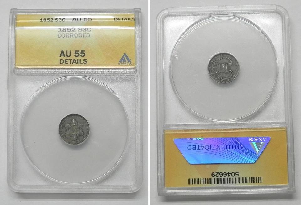 1852 3-cent Three Cent Silver 3CS Trime, ANACS AU55 details  #6629 - Image 1 of 1
