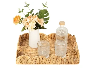 Rectangle Wicker Scalloped Tray, Rattan Serving Trays with Handles, Water Hya... - Picture 1 of 8