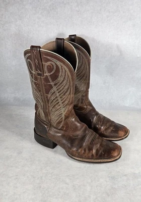 Ariat Round Up女式9B棕色皮革西部牛仔靴方头  — 第 1/4 张图片