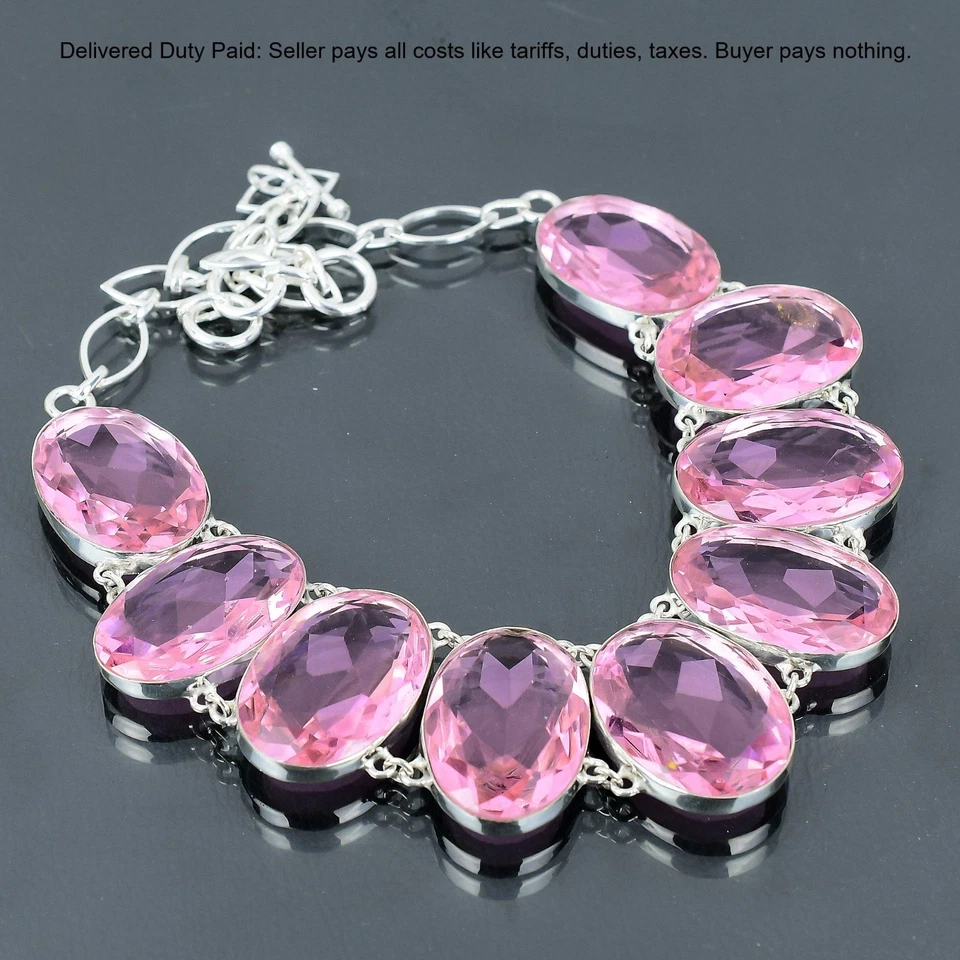 Venta de Halloween Plata de Ley 925 Ovalada Natural Rosa Kuncita Cadena Nuevo Collar Foto 1 de 4