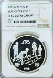 1981 MALTA SILVER 5 POUNDS S5P YEAR OF THE CHILD NGC PF 69 ULTRA CAMEO *RARE* - Picture 1 of 3