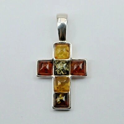 Colgante Cruz Ámbar Báltico Multicolor Natural PLATA ESTERLINA 925 Polonia #4487 Foto 1 de 3