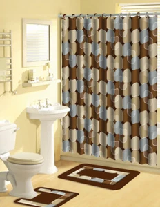 Modern Circles Light Blue 15 Pcs Shower Curtain with Hooks Bathroom Rug Set - Picture 1 of 1