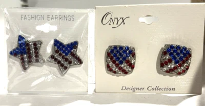 Pendientes Patrióticos Rojo Blanco y Azul Estrás Estrellas y Cuadrados NUEVO Foto 1 de 4