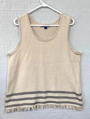 Usado en excelente estado Apt. Suéter sin mangas para mujer 9 beige, rayas azul marino, flecos talla XL Foto 1 de 4