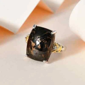 Matrix Silber Schungit 7,9 ctw und weiß CZ Ring 18K YG Platin Bond Größe 9 AA1 - Bild 1 von 4