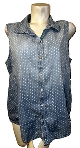 CHICO'S Top XL (3) Blue Light Wash Fade Denim Sleeveless Polka Dot Button Shirt - Picture 1 of 6