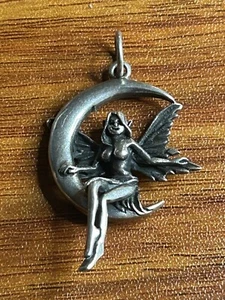 Sterling Silver Fairy Nymph Woman Crescent Moon Pendant Charm - Picture 1 of 5