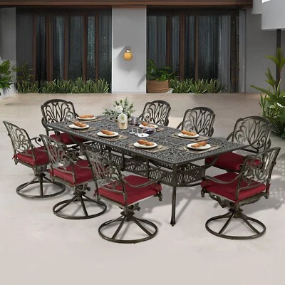 Juego de comedor exterior de 9 piezas para muebles de aluminio fundido mesa de patio y sillas giratorias Foto 1 de 4