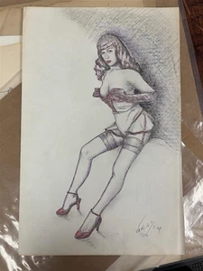 BETTIE PAGE SALE DANIEL VANCAS Original PINUP DRAWING LINGERIE STOCKINGS Pin-UP - Picture 1 of 18