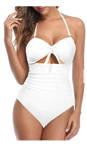 Stylish High Waisted Cutout Tummy Control One Piece Swimsuits-White Size MEDIUM - Picture 1 of 4