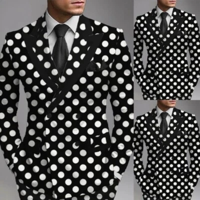 Мужская белая точка костюм двубортный куртка пик лацкан моды повседневный для вечеринки - Изображение 1 из 4