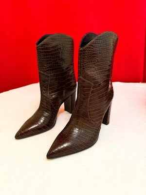 Botas femininas salto café Vera Gomma couro genuíno biqueira pontiaguda EUA 9,5 🇮🇹 ITÁLIA - Imagem 1 de 4