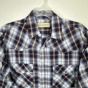 Camicia uomo Bit & Bridle blu marrone a quadri grande alta a scatto perla nuova senza etichette - Foto 1 di 12