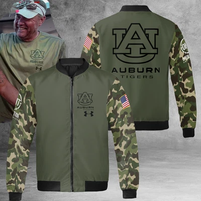 Chaqueta de bombardero militar a prueba de viento con logotipo impreso de los Tigres castaños rojizos Foto 1 de 4