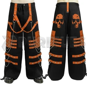 Pantalón Rave Goth Calavera Naranja Correa Pierna Ancha Cyberpunk Cadena Gran Tamaño Emo Pantalón - Imagen 1 de 6