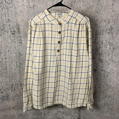 J Peterman Poet Shirt Medium Ivory Banded Collar Henley Check Mens - Image 1 of 4