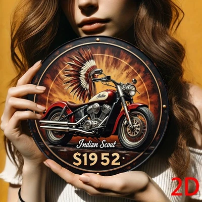 2D Flat - 1pc Vintage Indian Scout Motorcycle Tin Metal Signs, 1952 Retro Round  - Image 1 of 3