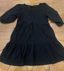 GAP Cotton Gauze Black Short Sleeve V-Neck Pocket Tiered Tunic Dress Petite M - Picture 1 of 10