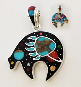 STUNNING CELESTIAL TURQUOISE MOON STARS INLAY .925 SILVER BEAR PAW PENDANT - Picture 1 of 4