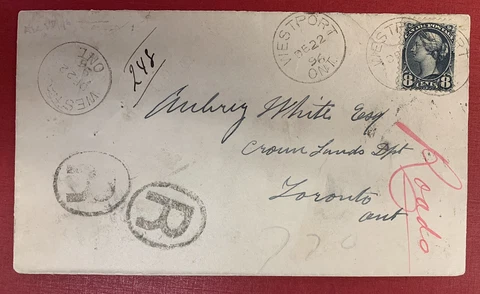 Canada, Scott #44c used on 1896 Registered Cover, 11 Postal Markings, Red Seal Cover