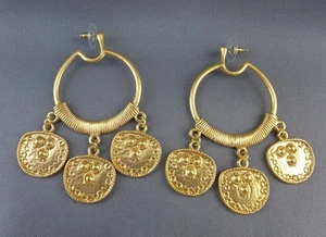 Kenneth Jay Lane KJL Couture Gold Triple Roman Coin Hammered Drop Hoop Earrings - Picture 1 of 5