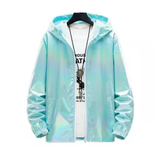 Giacca Olografica Donna Uomo Cappuccio Iridescente Lucida Top Fashion Hip Hop @ - Foto 1 di 16