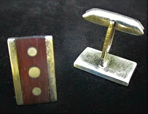 VINTAGE %)'S MODERNIST WOOD - STERLING CUFFLINKS - TAXCO - SIGNED - Picture 1 of 4