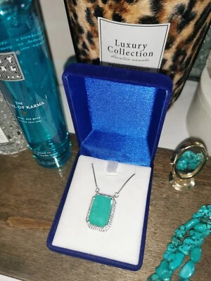 Turmalin Smaragd Anhänger Halskette Silber Quadrat blau grün türkis Zirkonia - Bild 1 von 4