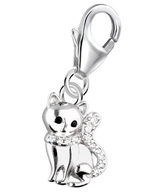 Charm Anhänger Silber Katze mit Zirkonia 925 Sterling Armband Karabiner Kater - Bild 1 von 3