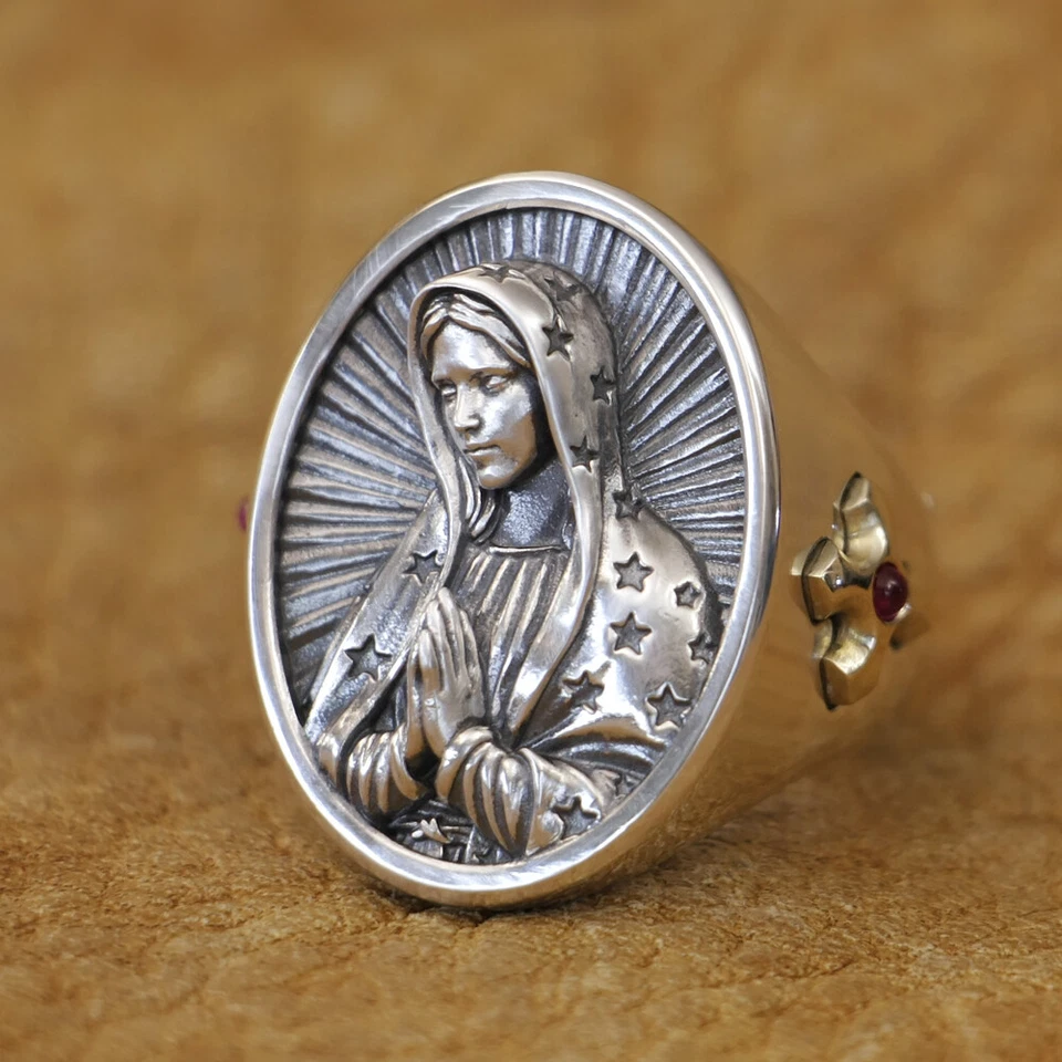 Virgin Mary Cross Ring 925 Sterling Silver Religious Faith Jewelry TA507 US 7~15 - Image 1 of 1
