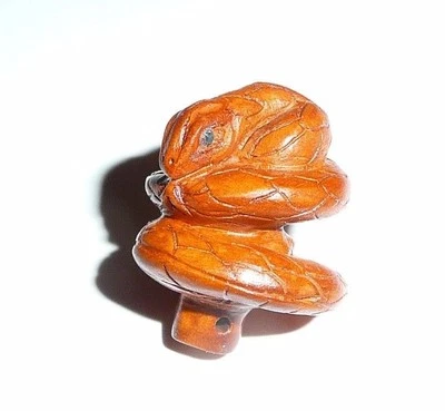 Adorable Detailed Hand Carved Snake Coiled Boxwood Wood Shank Button  - Image 1 of 4