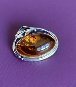 925 Silver Amber Brooch / Art Nouveau Design - Picture 1 of 7