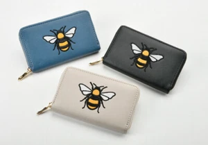 Faux Leather Med Zip Around Bee Blue Black Beige Applique 8 Card Purse LW175 - Picture 1 of 39