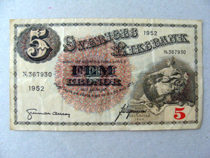 Sweden Currency 5 Kronor 1952